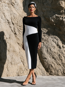 Women Color Block Midi Dress Boat Neck Long Sleeve Bodycon Elegant Formal Dress ZMZ3146G3YZH