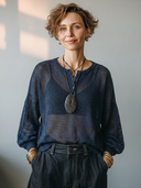 Women's Vintage Casual Lightweight Henley Neck And Lantern Sleeves Loose-Fit Sweater ZMZ2925G4ZYY