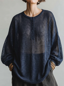 Women's Vintage Casual Lightweight Henley Neck And Lantern Sleeves Loose-Fit Sweater ZMZ2925G4ZYY