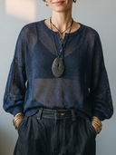 Women's Vintage Casual Lightweight Henley Neck And Lantern Sleeves Loose-Fit Sweater ZMZ2925G4ZYY