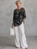Women's Retro American-Style Casual Velour Jacquard Long-Sleeve Crew-Neck T-Shirt (Includes Matching Camisole) ZMZ2934G6ZYY