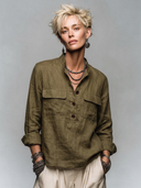 Women's Vintage-Style Casual Cotton-Linen Stand Collar And Multiple Pockets Long-Sleeve Shirt ZMZ2939G3ZYY