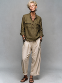 Women's Vintage-Style Casual Cotton-Linen Stand Collar And Multiple Pockets Long-Sleeve Shirt ZMZ2939G3ZYY