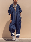 Women's Fashionable Sporty Loose Navy Blue Long-sleeved Jumpsuit ZMZ3162G6SWL