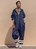 Women's Fashionable Sporty Loose Navy Blue Long-sleeved Jumpsuit ZMZ3162G6SWL
