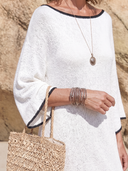 Women Boat Neck Knit Midi Dress 3/4 Flare Sleeve Black Contrast Trim Loose Beach Cover Up Dress ZMZ3190G6YZH