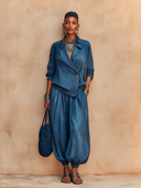 Women's Retro Dark Blue Cotton Linen Top And Lantern Pants Two-Piece Set ZMZ3137G9SWL
