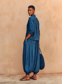 Women's Retro Dark Blue Cotton Linen Top And Lantern Pants Two-Piece Set ZMZ3137G9SWL
