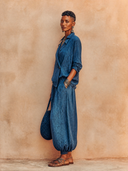 Women's Retro Dark Blue Cotton Linen Top And Lantern Pants Two-Piece Set ZMZ3137G9SWL