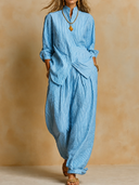 Women's Vintage Casual Cotton Striped Long-Sleeve Shirt And Trousers Two-Piece Set ZMZ3177G4ZJY