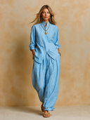 Women's Vintage Casual Cotton Striped Long-Sleeve Shirt And Trousers Two-Piece Set ZMZ3177G4ZJY