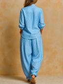 Women's Vintage Casual Cotton Striped Long-Sleeve Shirt And Trousers Two-Piece Set ZMZ3177G4ZJY