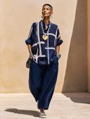 Women's Vintage Striped Color-Block Long-Sleeve Shirt And Wide-Leg Pants Set ZMZ3173G9SWL