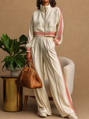 Women's Retro Cotton Zipper Striped Sweatshirt And Pants Set ZMZ3181G7ZJY