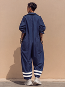 Women's Fashionable Sporty Loose Navy Blue Long-sleeved Jumpsuit ZMZ3162G6SWL