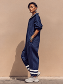 Women's Fashionable Sporty Loose Navy Blue Long-sleeved Jumpsuit ZMZ3162G6SWL