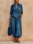 Women's Retro Dark Blue Cotton Linen Top And Lantern Pants Two-Piece Set ZMZ3137G9SWL
