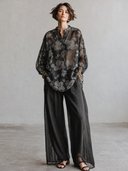 Women's Classic Casual Henley Neck And Lantern Sleeves Loose-Fit Jacquard Shirt (Includes Camisole)ZMZ3089G1ZYY