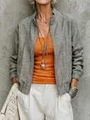 Women's Classic American Retro Stand Collar Lightweight Cotton-Linen Zip-Up Jacket ZMZ3197G3ZYY