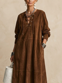Women's Classic American Retro Lace-Up Neckline Faux Suede Loose Long-Sleeve Maxi Dress ZMZ3164G4ZYY