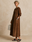 Women's Classic American Retro Lace-Up Neckline Faux Suede Loose Long-Sleeve Maxi Dress ZMZ3164G4ZYY