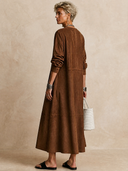 Women's Classic American Retro Lace-Up Neckline Faux Suede Loose Long-Sleeve Maxi Dress ZMZ3164G4ZYY