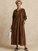 Women's Classic American Retro Lace-Up Neckline Faux Suede Loose Long-Sleeve Maxi Dress ZMZ3164G4ZYY