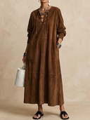 Women's Classic American Retro Lace-Up Neckline Faux Suede Loose Long-Sleeve Maxi Dress ZMZ3164G4ZYY