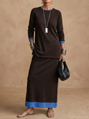 Women's Minimalist Casual Knit Crew-Neck Long-Sleeve T-Shirt And Elastic-Waist Skirt Set ZMZ2947G7ZYY