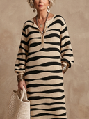 Women's Classic Casual Henley Neck Long-Sleeve Striped Knit Midi Dress ZMZ3153G7ZYY