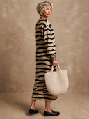 Women's Classic Casual Henley Neck Long-Sleeve Striped Knit Midi Dress ZMZ3153G7ZYY
