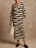 Women's Classic Casual Henley Neck Long-Sleeve Striped Knit Midi Dress ZMZ3153G7ZYY