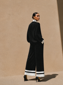 Women's Retro Casual Color Block High Neck Long Sleeve Top And Pants Set ZMZ0398H4ZJY