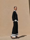Women's Retro Casual Color Block High Neck Long Sleeve Top And Pants Set ZMZ0398H4ZJY