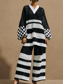 Women's Casual Striped Knit Color Block V-Neck Sweater And Pants Set ZMZ0324H5ZJY