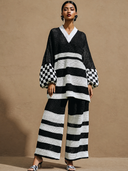 Women's Casual Striped Knit Color Block V-Neck Sweater And Pants Set ZMZ0324H5ZJY