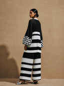 Women's Casual Striped Knit Color Block V-Neck Sweater And Pants Set ZMZ0324H5ZJY