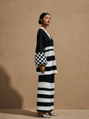 Women's Casual Striped Knit Color Block V-Neck Sweater And Pants Set ZMZ0324H5ZJY