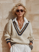 Women's Retro Casual Striped Knitted Collar Faux Two-Piece Sweater ZMZ0300H3ZJY