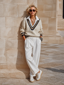 Women's Retro Casual Striped Knitted Collar Faux Two-Piece Sweater ZMZ0300H3ZJY