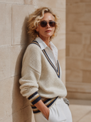 Women's Retro Casual Striped Knitted Collar Faux Two-Piece Sweater ZMZ0300H3ZJY