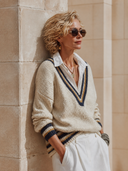 Women's Retro Casual Striped Knitted Collar Faux Two-Piece Sweater ZMZ0300H3ZJY