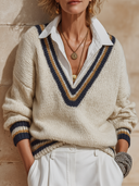 Women's Retro Casual Striped Knitted Collar Faux Two-Piece Sweater ZMZ0300H3ZJY
