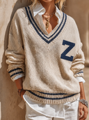 Women's Casual Preppy-Style Striped V-Neck Knit Pullover Sweater ZMZ0381H3ZJY