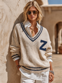 Women's Casual Preppy-Style Striped V-Neck Knit Pullover Sweater ZMZ0381H3ZJY