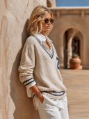 Women's Casual Preppy-Style Striped V-Neck Knit Pullover Sweater ZMZ0381H3ZJY