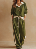 Women's Casual Colorblock Polo Collar Sweatshirt & Wide-Leg Pants Set ZMZ0393H9ZJY