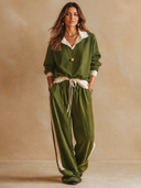 Women's Casual Colorblock Polo Collar Sweatshirt & Wide-Leg Pants Set ZMZ0393H9ZJY