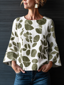 Women's Retro Casual Color Block Leaf Print Crew Neck Long Sleeve Shirt ZMZ0320H3ZJY