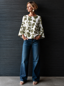 Women's Retro Casual Color Block Leaf Print Crew Neck Long Sleeve Shirt ZMZ0320H3ZJY